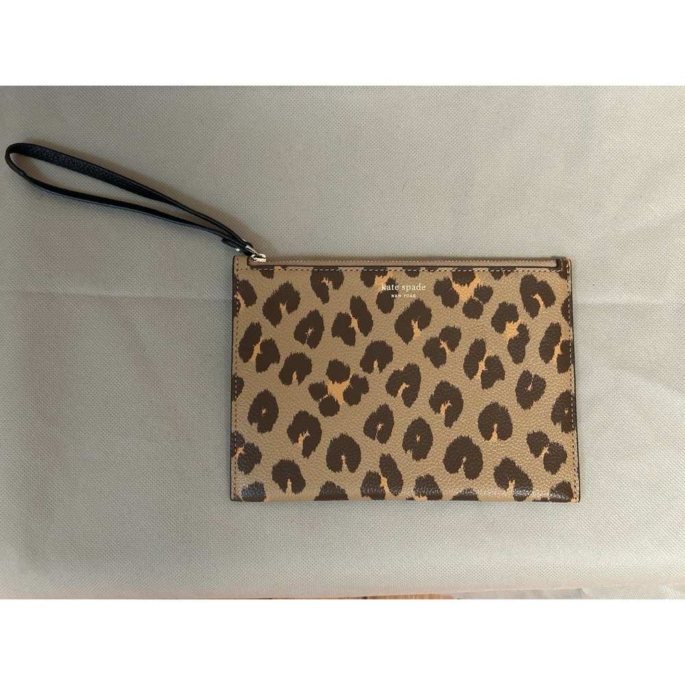Kate Spade Margaux Leopard Wristlet Wallet Brown Black Animal Print Zip Pouch